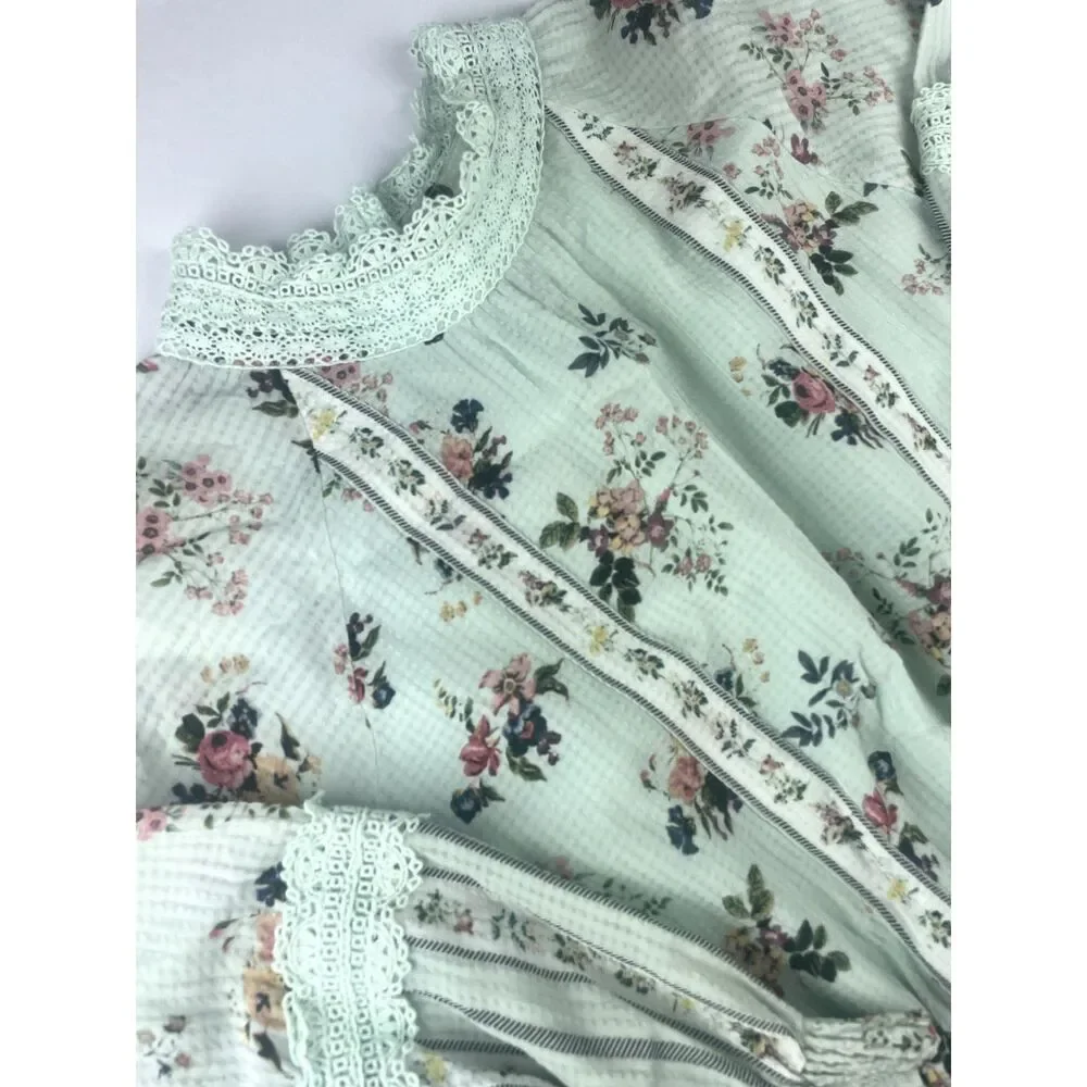 ~ Anthropologie XL Hemant & Nandita Blouse Floral Mint Lace Aqua Green Elastic - Picture 3 of 16